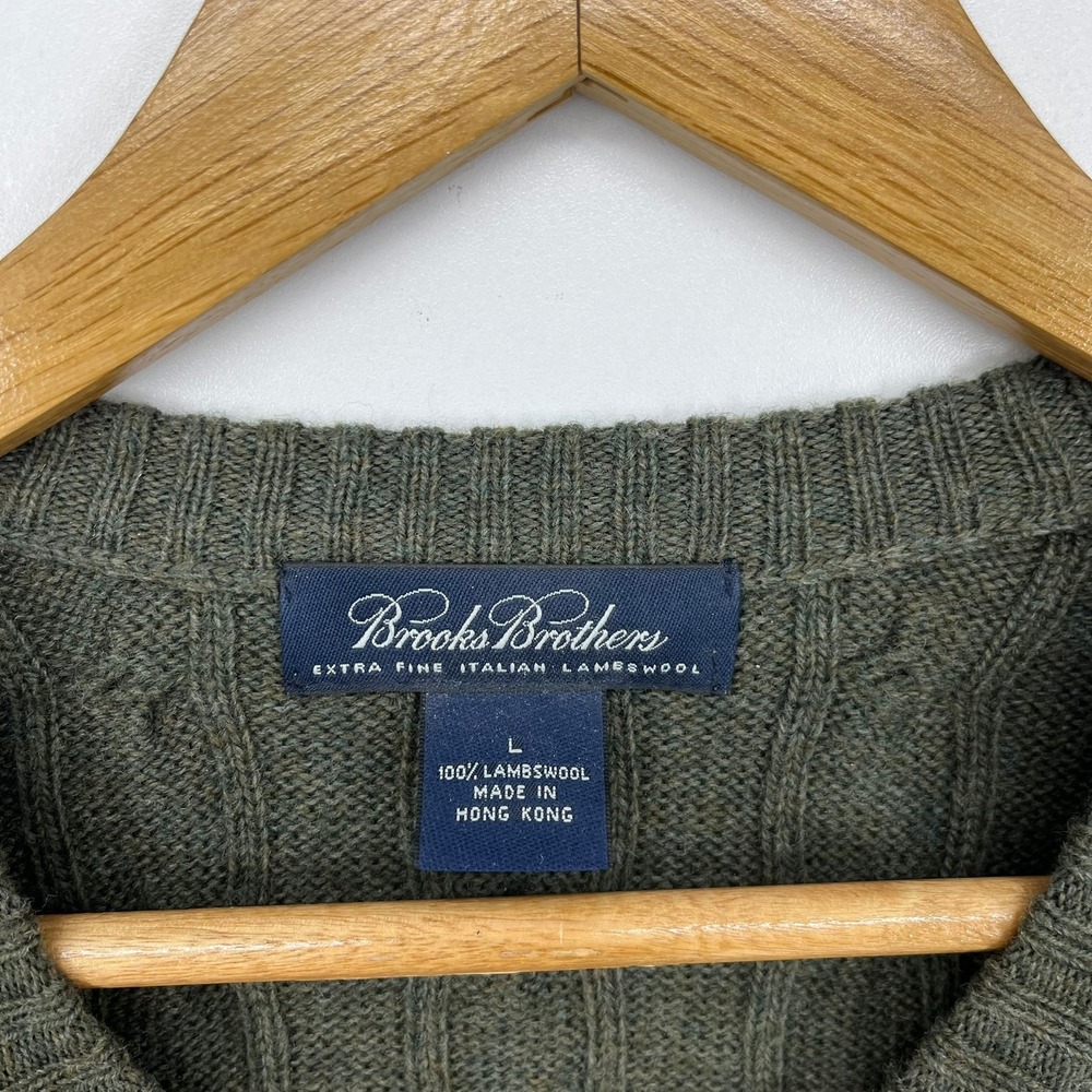 Brooks Brothers Mens Large Olive Green 100% Italian Lambswool Cable Knit Sweater - Picture 3 of 11